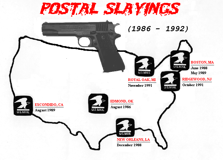MAP OF POSTAL SLAYINGS (1986 - 1992)